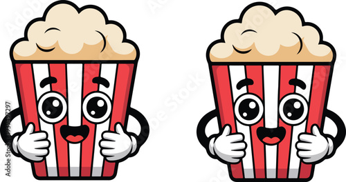Cute popcorn mascot character illustration with striped movie theater bucket smiling face and thumbs up gesture cartoon snack icon