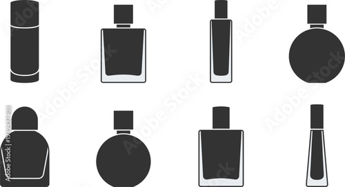 Perfume bottle icons collection with various fragrance container shapes for cosmetic branding packaging vector illustration set