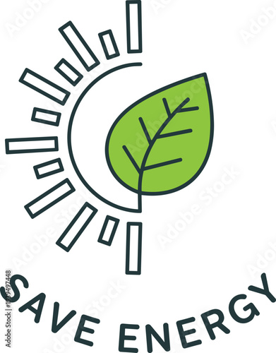 Green leaf and sun icon symbolizing energy saving and renewable sources