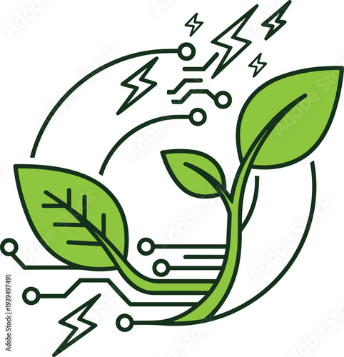 Green plant leaves integrate with electronic circuit board lines and lightning bolts, clearly representing sustainable energy and ecological technology