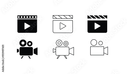 Video and Movie Camera Icons Set – Play Button, Film Clapperboard and Cinema Camera Vector Icons