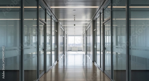 Modern office hallway with glass walls and city view