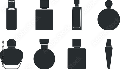Perfume bottle silhouette icons set with luxury fragrance containers for cosmetic branding packaging vector illustration collection
