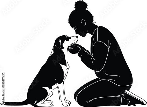 Silhouette illustration of person kneeling with dog, tender affectionate bonding moment, human pet companionship, trust connection, love friendship vector design art