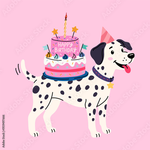 Happy Dalmatian Dog Carrying Birthday Cake with Candle