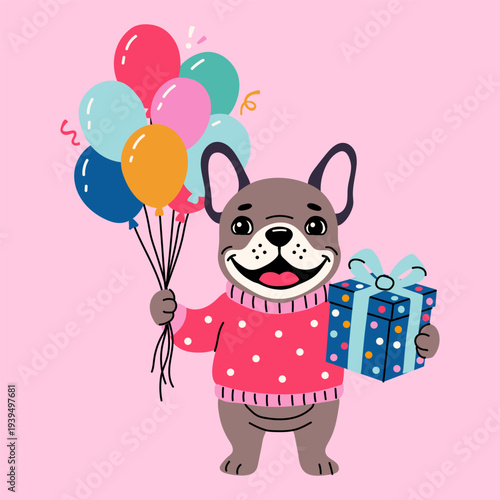 Cute Dog with Balloons and Gift in Pink Sweater