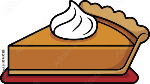 Cartoon pumpkin pie slice with whipped cream on red plate minimal dessert illustration isolated bakery food vector