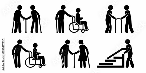 Accessibility icons depicting people with mobility aids and assistance