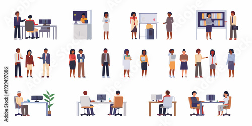 Diverse group of professionals collaborating and working in modern office spaces