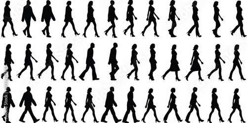 Silhouettes of people walking in various poses against a white background