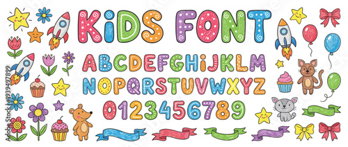 Colorful kids font alphabet and numbers set with cute cartoon elements like rockets balloons animals flowers and stars for birthday and educational design vector illustration