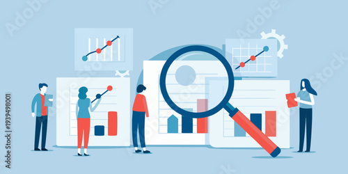 Data analysis team reviewing charts and graphs with a magnifying glass