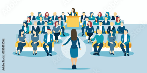 A businesswoman presents to a large audience in a modern conference setting