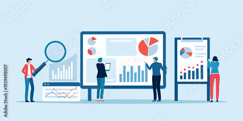 Team analyzing data and strategic planning with charts and graphs