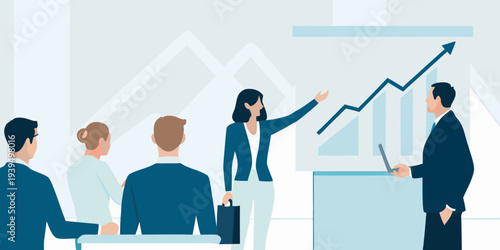 Business professionals analyzing data and growth projections in a meeting