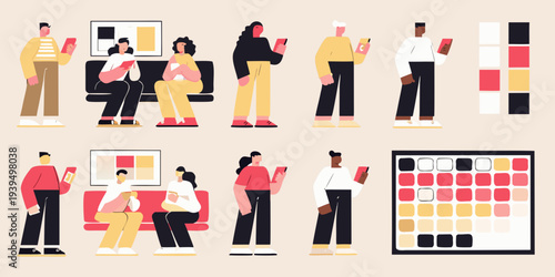 Diverse group of people interacting with devices and color palettes