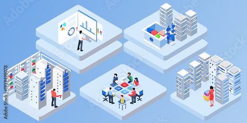 Isometric illustration depicting various aspects of modern business and data management
