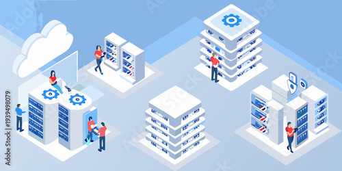 Isometric illustration of a data center with servers and network infrastructure