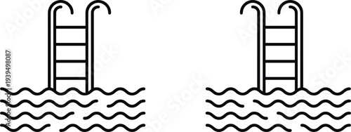 Swimming pool ladder icons with water waves outline symbol for pool access safety equipment vector illustration