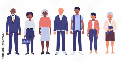 Diverse group of people standing in a line illustrated in a flat style