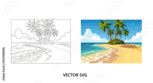 Tropical Island Paradise Beach Scene with Palm Trees and Ocean Waves