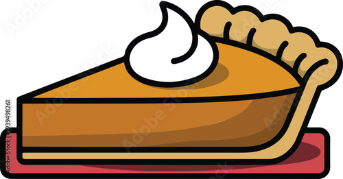 Cartoon pumpkin pie slice with whipped cream on red plate minimal dessert illustration isolated bakery food vector