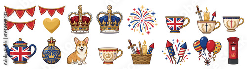 Large Vector Icon Set of British Cultural Symbols and Royal Celebration Elements Featuring Crown Union Jack Teapot Corgi and Post Box for UK Tourism and Holiday Design Isolated on White