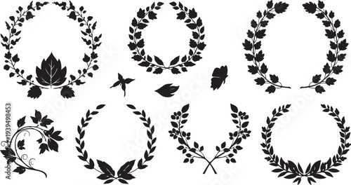 Collection of black leaf wreaths and floral elements design