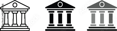 Minimal classical temple architecture icon set with line solid and gradient variations of columned building isolated on white background