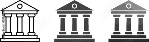 Minimal classical temple architecture icon set with line solid and gradient variations of columned building isolated on white background