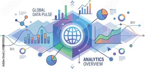 Innovative Abstract Data Analytics Dashboard Illustration Featuring Interactive Financial Growth Charts and Complex Information Visualization Interface for Business Intelligence