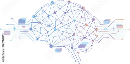 Generative AI Neural Network Abstract Vector Illustration Featuring Cyan Blue Machine Learning Nodes Connected within Digital Data Intelligence Infrastructure Mesh Pattern