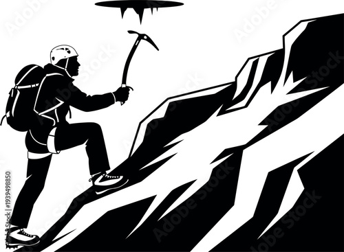 Sports silhouette of a climber on a mountain with a pickaxe