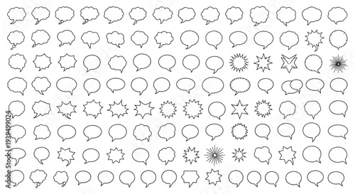 Comprehensive grid featuring a wide variety of empty speech bubble shapes in simple black line art for comic creators and graphic designers.