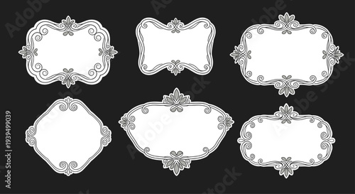 Set of elegant vintage frames and labels in white with intricate black scrollwork and filigree details on a solid dark background for text.