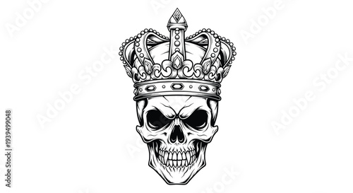 Detailed black and white ink drawing of a skull wearing an ornate regal crown for gothic fashion and tattoo design inspiration projects.