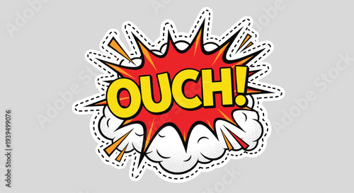 Pop art style comic sticker of an ouch exclamation in a yellow font inside a red explosion bubble for expressive and fun graphic designs.