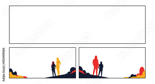 Comic book layout with panels showing silhouettes of families and couples against a landscape with colorful autumn leaves and bushes.