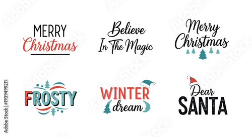 Collection of six festive christmas and winter themed quotes with decorative typography and small holiday icons like trees and hats.