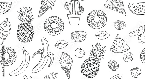 Fun seamless pattern of hand drawn summer icons including pineapples, ice cream cones, watermelon slices, donuts, and cactus.
