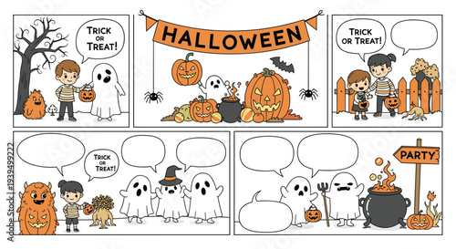 Colorful halloween comic strip panels showing children in costumes trick or treating with ghosts, monsters, and pumpkins.