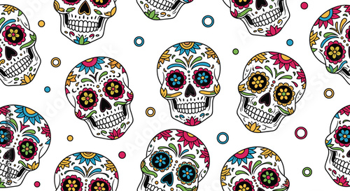 Vibrant seamless pattern of decorated sugar skulls with colorful floral patterns and geometric dots for day of the dead celebrations.