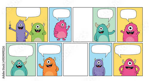 Set of comic book panels featuring various colorful one eyed monster characters with empty speech bubbles for fun stories.