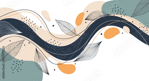 Modern abstract background featuring flowing navy and peach shapes with delicate leaf line drawings and stippled dot textures.