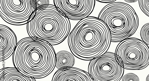 Seamless abstract pattern featuring numerous hand drawn concentric circles and swirling lines in black on a white background.
