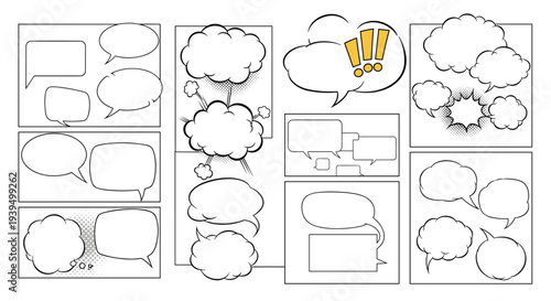 Comprehensive collection of various blank comic book speech and thought bubbles in different shapes and styles on white.