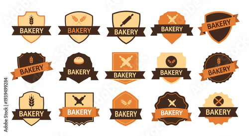Large collection of vintage bakery badges and logos in warm brown and orange tones featuring wheat, rolling pins, and bread symbols.