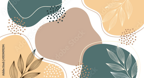 Modern abstract background featuring organic shapes in pastel tones and delicate leaf line drawings for minimalist aesthetic design.