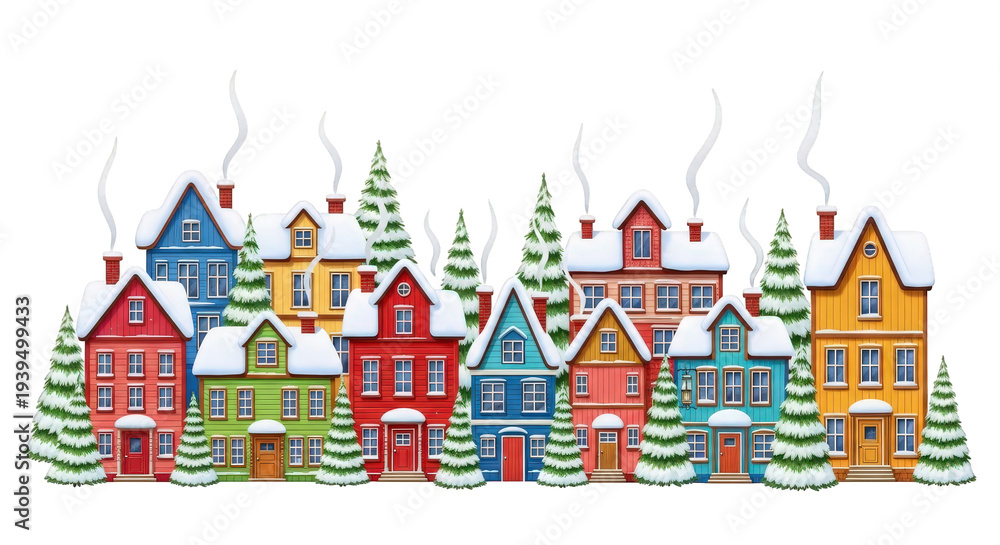 Fototapeta premium Whimsical Snowy Village Holiday Scene with Colorful Houses and Trees