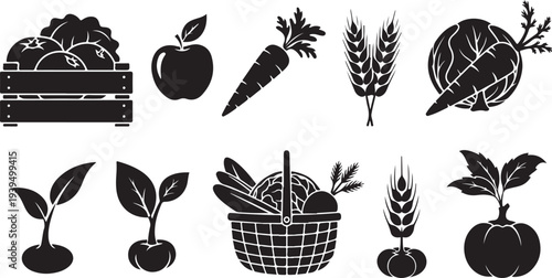 Fresh Harvest Icons for Agriculture and Healthy Eating Concepts